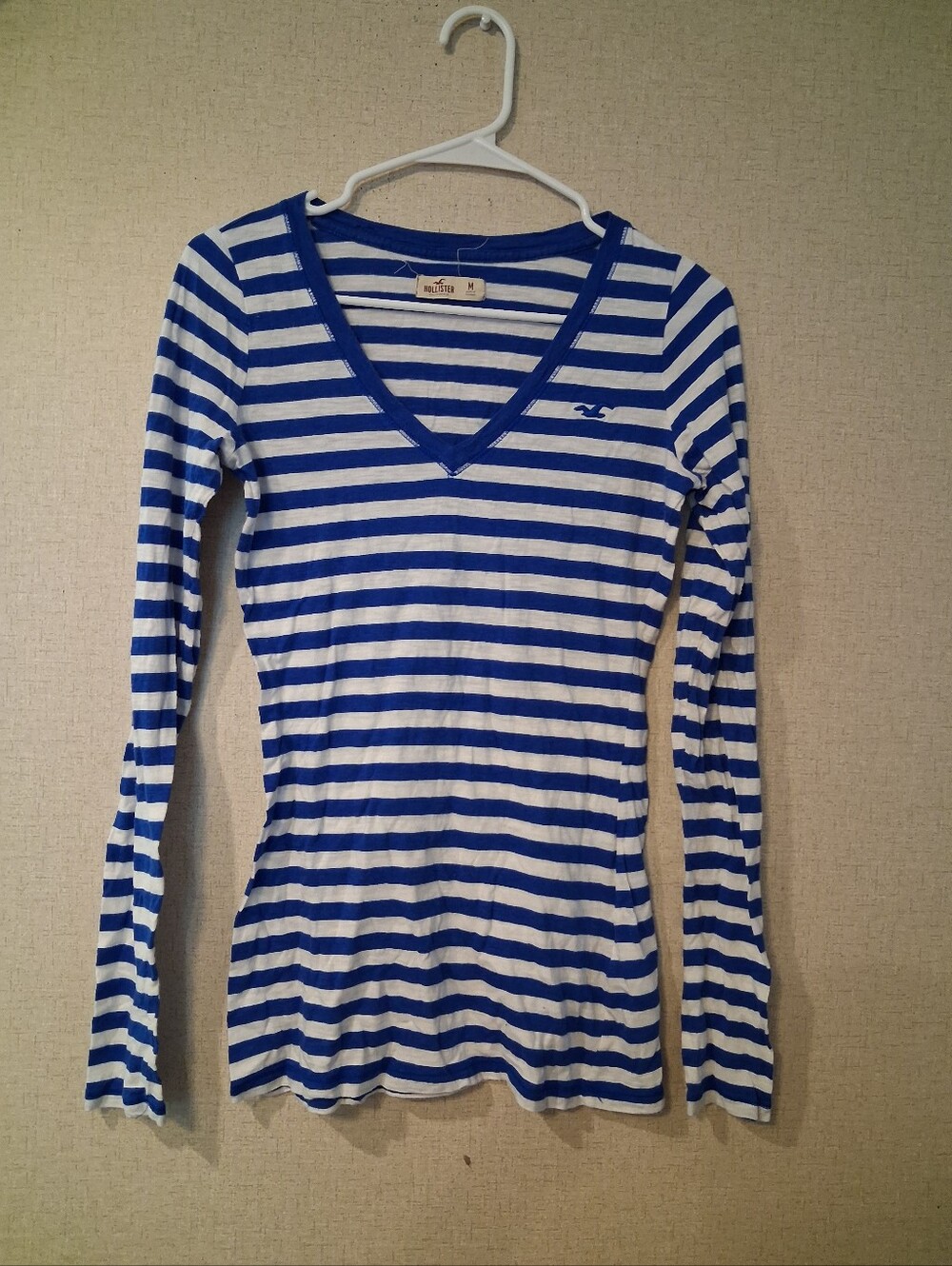 Y2k Hollister Royal Blue & White Striped V-Neck Long Sleeve Tee Sz M
